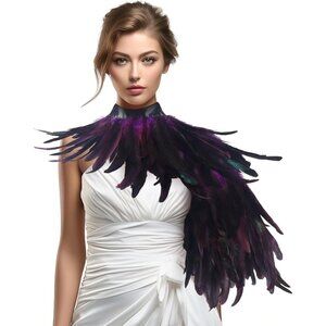 Women Black Feather Shawl Masquerade Witch Wings Cape Maleficent Costume